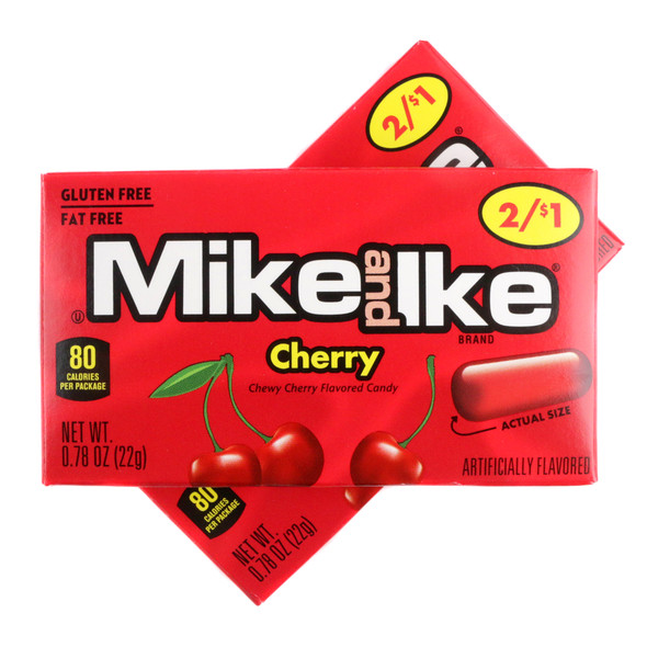 Individual 0.78-ounce box of Mike and Ike Chewy Cherry flavored candies.