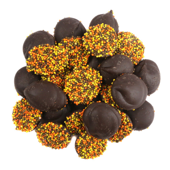 Fall Dark Chocolate Nonpareils, 130+ rich, smooth discs with festive yellow, orange, brown nonpareils. Made in USA.