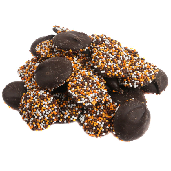 Rich dark chocolate Fall nonpareils, approx 130 pieces, festive white, orange, brown sprinkles on smooth discs, USA.