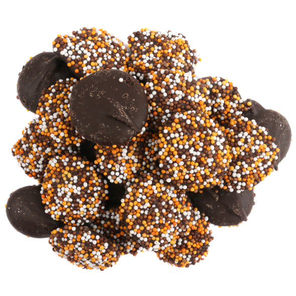all Dark Chocolate Nonpareils, approx. 130 rich dark chocolate discs with white, orange, brown festive nonpareils.