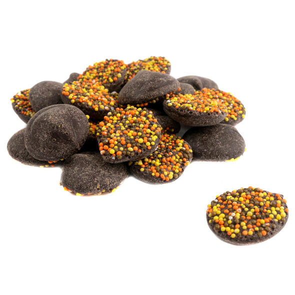 Fall Milk Chocolate Nonpareils, discs with yellow, orange, brown sprinkles, approx 130 pieces per pound.