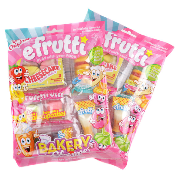 Efrutti Gummy Bakery Shoppe, featuring colorful gummy cheesecakes, donuts, and cupcakes.