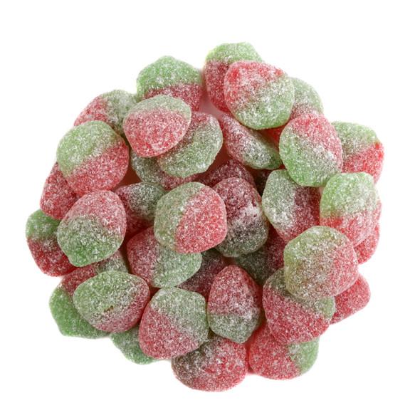 Vibrant red Sour Patch Kids Strawberry candies, soft chewy, sour strawberry flavor, approx 130 pieces per pound.