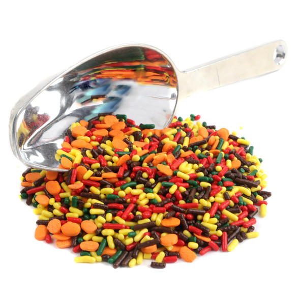 Fall Sprinkles, orange, red, brown, yellow, green mix, mini pumpkin shapes for Halloween, Thanksgiving baking.