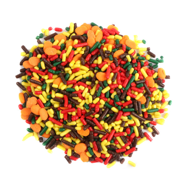 Festive Fall Sprinkles, orange, red, brown, yellow, green blend with mini pumpkin shapes for baking.