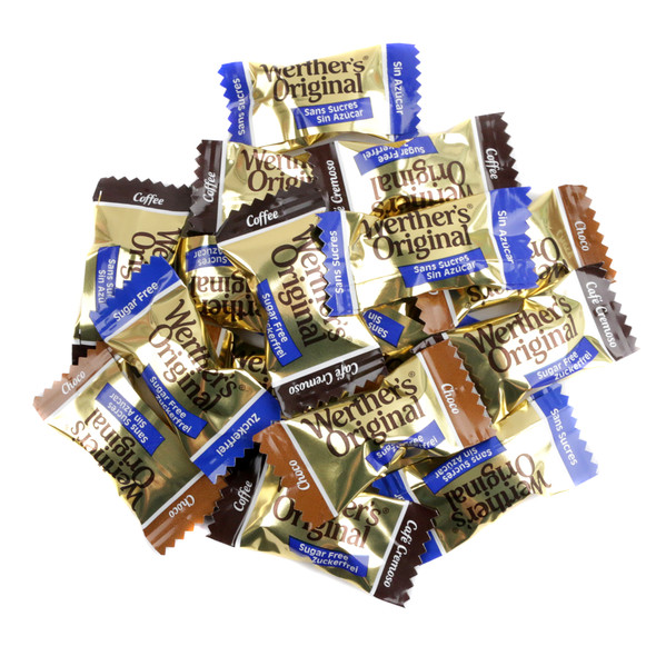 Werther's Sugar Free Assorted Caramels. Creamy caramel, coffee, and chocolate flavored candies. Many pieces in bulk.