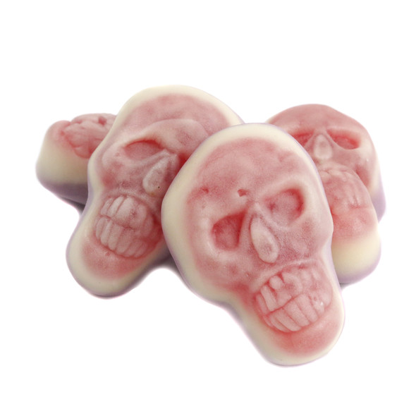 Spooky soft chewy gummy skulls. Halloween candy, approx 40 pieces per pound, perfect for sharing.