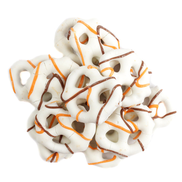 Fall Yogurt Pretzels. Mini pretzels, creamy white yogurt coated, with festive orange and brown drizzles. Sweet and salty.