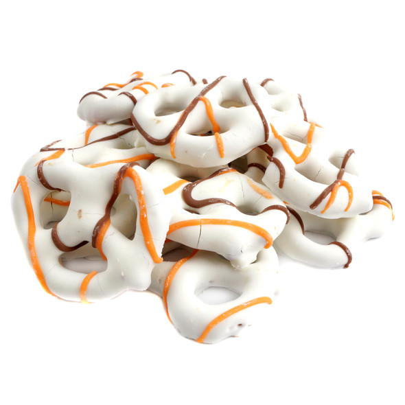 Fall mini yogurt pretzels with sweet creamy coating, drizzled with orange, brown colors. Sweet, salty, crunchy, limited edition.