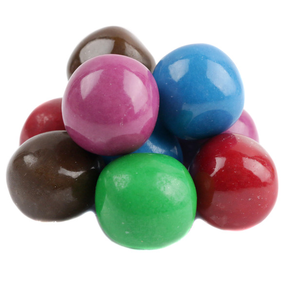 Rainbow-colored, candy-coated round Tootsie Rolls. Approx 65 per pound, with a thin, crispy coating.