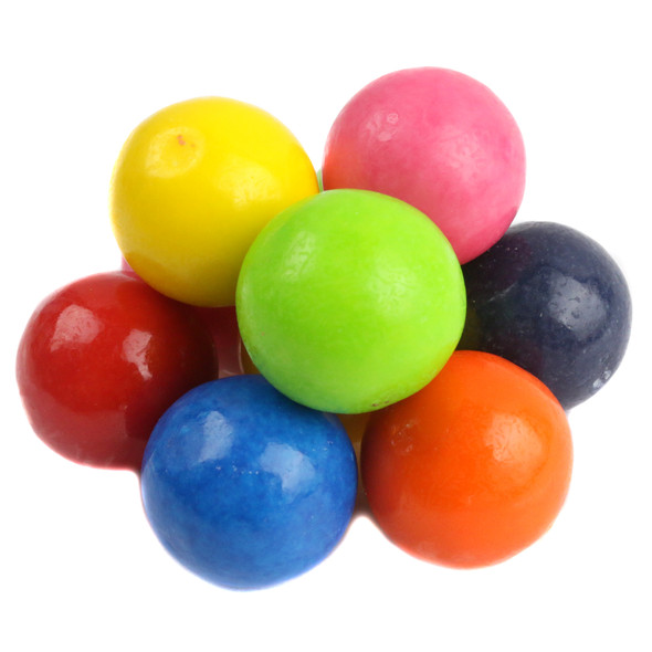 Vibrant, assorted 1 inch rainbow gumballs, approximately 60 pieces per pound. Perfect for candy buffets.