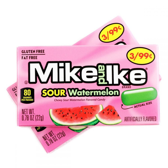 Mike and Ike Sour Watermelon candy, 24 small boxes. Chewy green and red sour watermelon flavored candy.