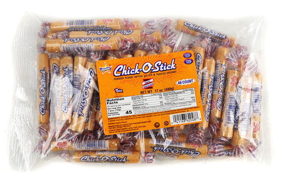 48 fun size golden brown Chick O Stick crispy peanut butter candy with toasted coconut.