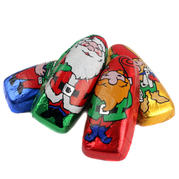 Madelaine Milk Chocolate Santas and Elves, bright foil-wrapped, smiling Christmas candy, approximately 50 pieces per pound.