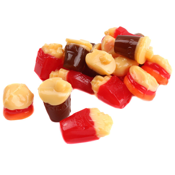 3D Gummy Fast Food candy, playful gummies shaped like fries, burgers, and sodas.