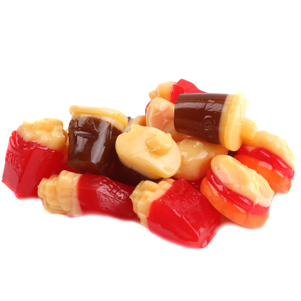 Vibrant 3D gummy fast food candy assortment: burgers, fries, sodas. Fun, playful treats for all ages.