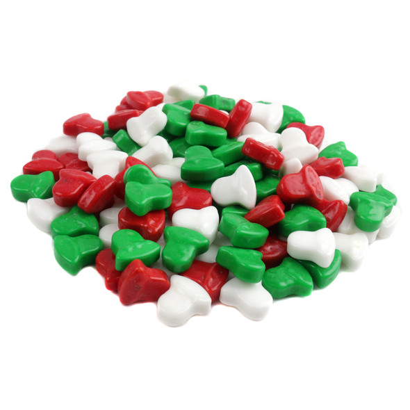 Red, white, and green mini Christmas bell pressed candy pieces, approx 625 per pound, perfect for holiday dishes.
