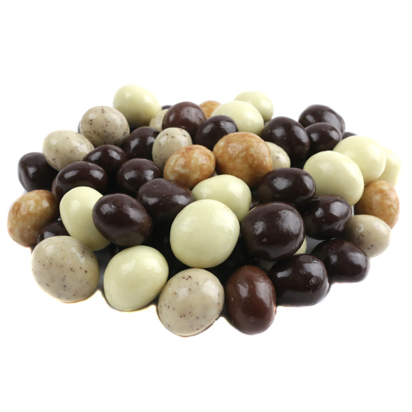 Assorted dark, milk, cappuccino, coffee, cream chocolate covered NY espresso beans, approx. 150 per pound.