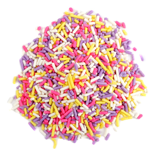 Pink, yellow, purple, white Spring Mix Sprinkles, decorettes for Easter treats, baking, and dessert toppings.