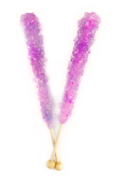 12 light purple lavender rock candy sticks, individually wrapped, 6 inches long, sweet fruity flavor.