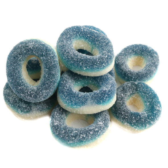 Kervan Blue Raspberry Gummy Rings, bright blue and white candy, approx 55 pieces per pound.