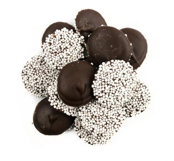 Reppert dark chocolate nonpareils, smooth and rich, topped with tiny white seeds. Approximately 130 per pound, USA made.
