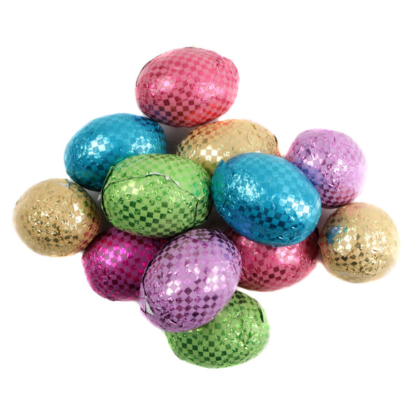 Crispy Milk Chocolate Easter Eggs, vibrant Easter-colored Italian foils, approximately 63 egg-shaped candies per pound.