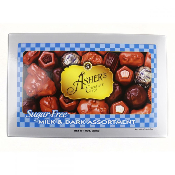 Ashers 8oz sugar-free assorted chocolates box, with jellies, caramels, buttercreams, toffees, truffles.