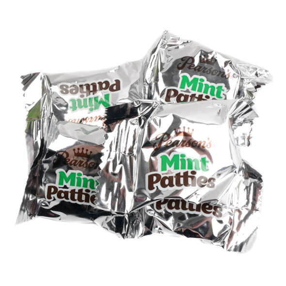 Dark chocolate Pearson Peppermint Patties, round, refreshing peppermint center, approx. 32 pieces per pound, USA made.