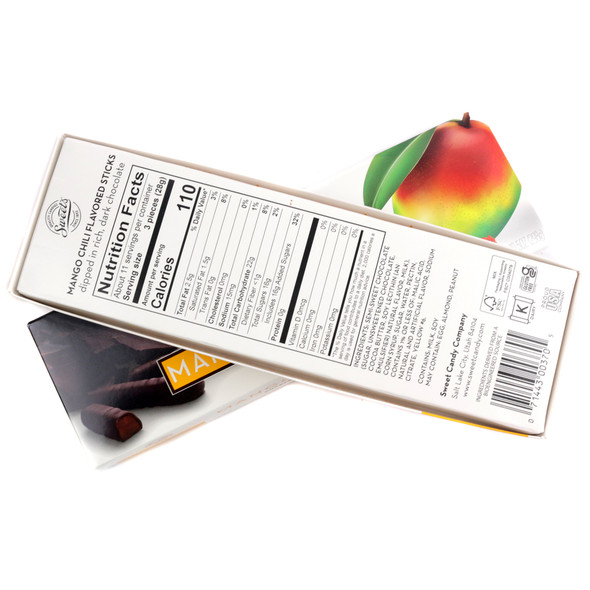 Sweets dark chocolate mango chili sticks, 38 count, 10.5oz. Rich dark chocolate with mango jelly and chili kick.