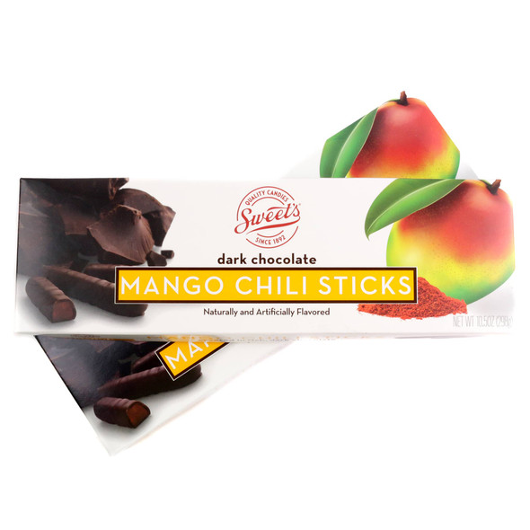 Sweets Dark Chocolate Mango Chili Sticks, 10.5oz box with 38 dark chocolate sticks, mango chili jelly filling.