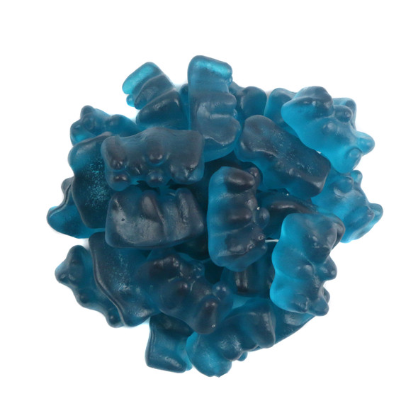 Bright blue Blue Raspberry gummy bears, approx. 125 pieces per pound.