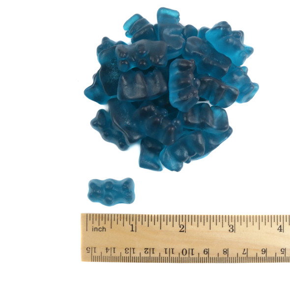Bright blue Blue Raspberry Gummy Bears, tangy sweet flavor, approx. 125 pieces per pound.