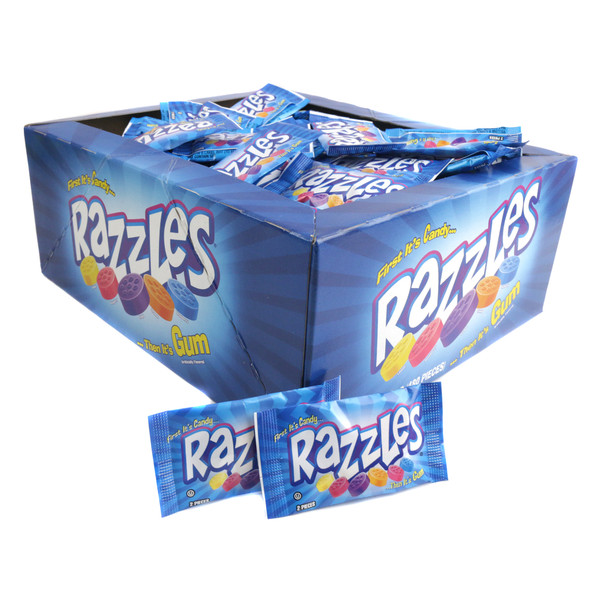 240 Fun Size Razzles candy pieces, round, vibrant purple, orange, red, yellow, blue. Candy that turns to gum.