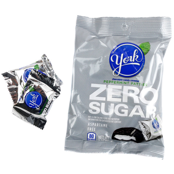 York Sugar Free Peppermint Patties, 3oz bag. Rich dark chocolate, crisp white peppermint centers.