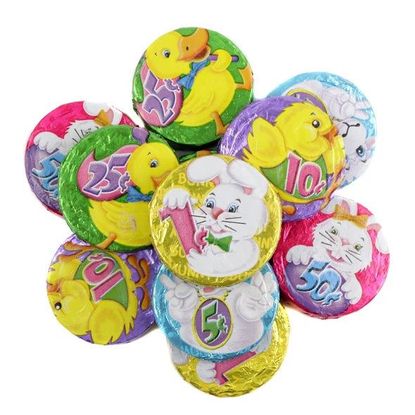 Crispy Palmer Bunny Munny Double Crisp chocolate coins, approximately 48 per pound, with colorful Easter bunny wrappers.