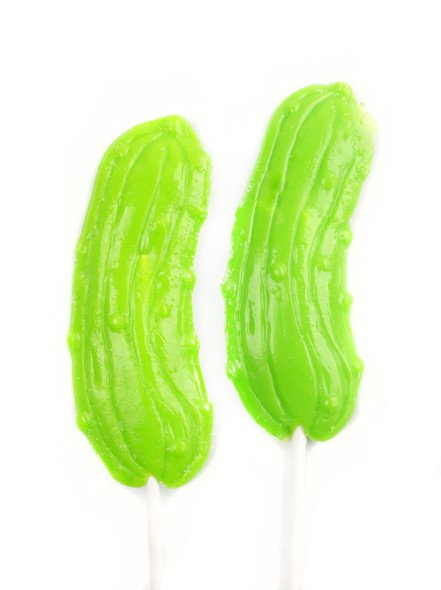 Six green sour pickle lollipops, 1.2oz, individually wrapped, with a sour pickle flavor.