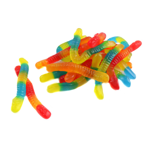 Assorted colorful sugar-free gummy worms, approximately 130 per pound.