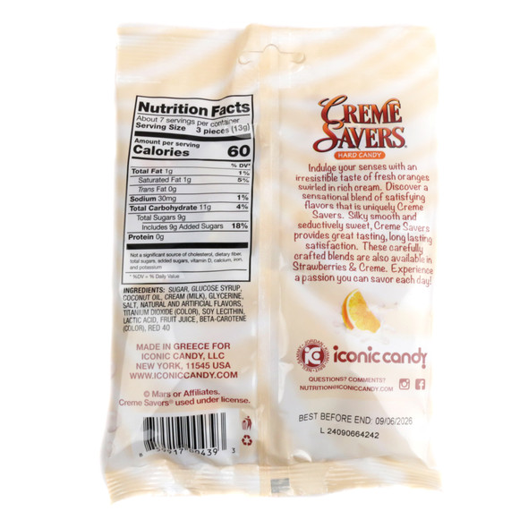 3oz bag Creme Savers Orange & Creme hard candy, vibrant orange & white swirls, individually wrapped pieces.