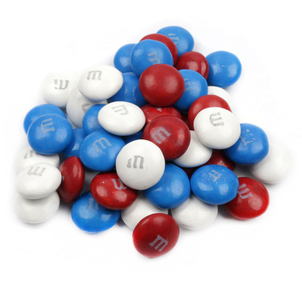 Red, White, Blue M&M's Milk Chocolate candy, approx. 500 pieces per pound for patriotic 4th of July party treats.