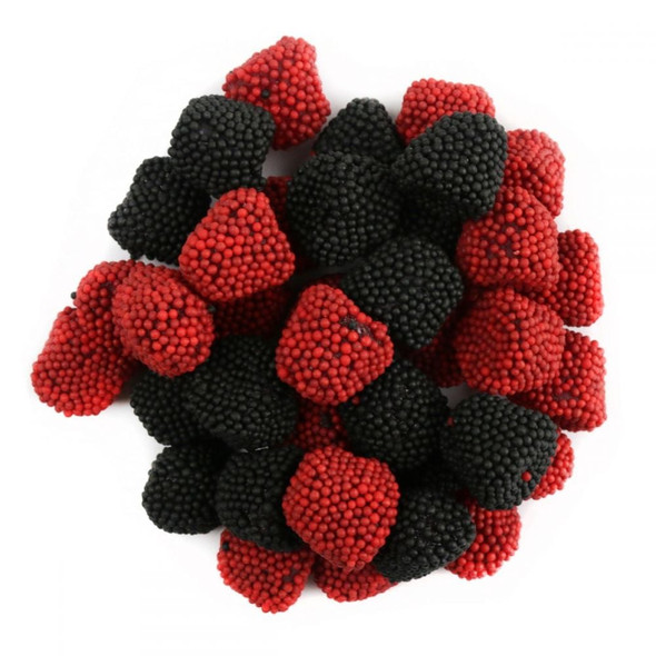 Jelly Belly Raspberries & Blackberries Jells, vibrant red soft chewy candy, coated in red and black seeds, 125 pieces.