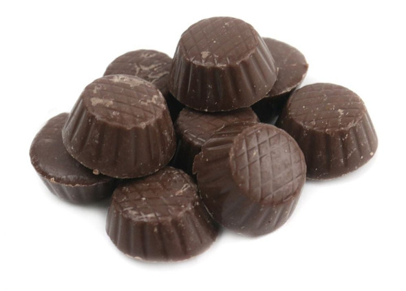 Mini Sugar Free Peanut Butter Cups, multiple bite-sized creamy tan and milk chocolate brown pieces.