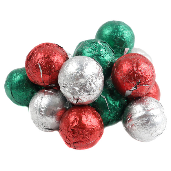 Palmer milk chocolate Christmas balls, individually wrapped in red, green, silver foils, approx 90 per pound.