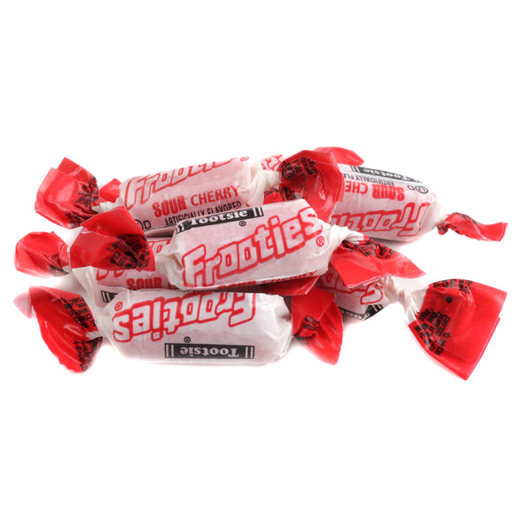 Bright red Sour Cherry Frooties, individually wrapped chewy candy, approx 140 pieces per pound, Tootsie Roll.