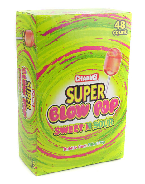 48 Super Blow Pops Sweet & Sour, individually wrapped, vibrant red, blue, yellow, green, purple lollipops with bubblegum.