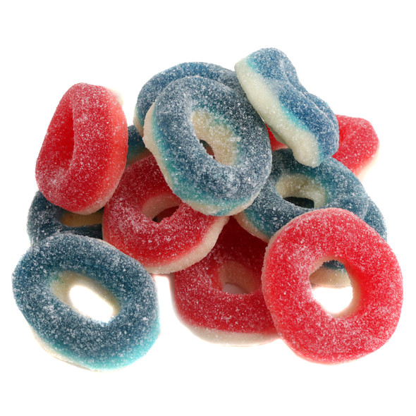 Red, white, blue Kervan Patriotic Gummy Rings, approximately 55 per pound, blue raspberry and sweet cherry.