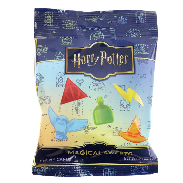 Harry Potter Magical Sweets 6-pack gummy candy with sorting hat, owl, scar shapes, assorted blue, red, yellow, orange colors.