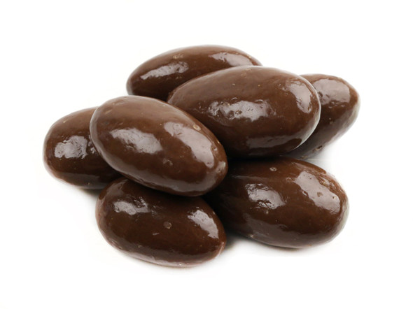 Piled bulk smooth milk chocolate covered dry roasted almonds, no sugar added, approximately 120 pieces per pound.
