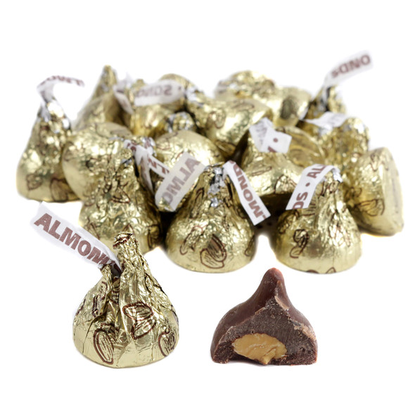 Gold Hershey's Kisses with Almonds, wrapped in shiny gold foil, milk chocolate, crunchy texture, approx 90 per pound.