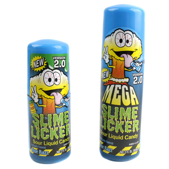 Mega Slime Lickers 2.0, 12 large sour candy rollers, blue raspberry and strawberry flavors.